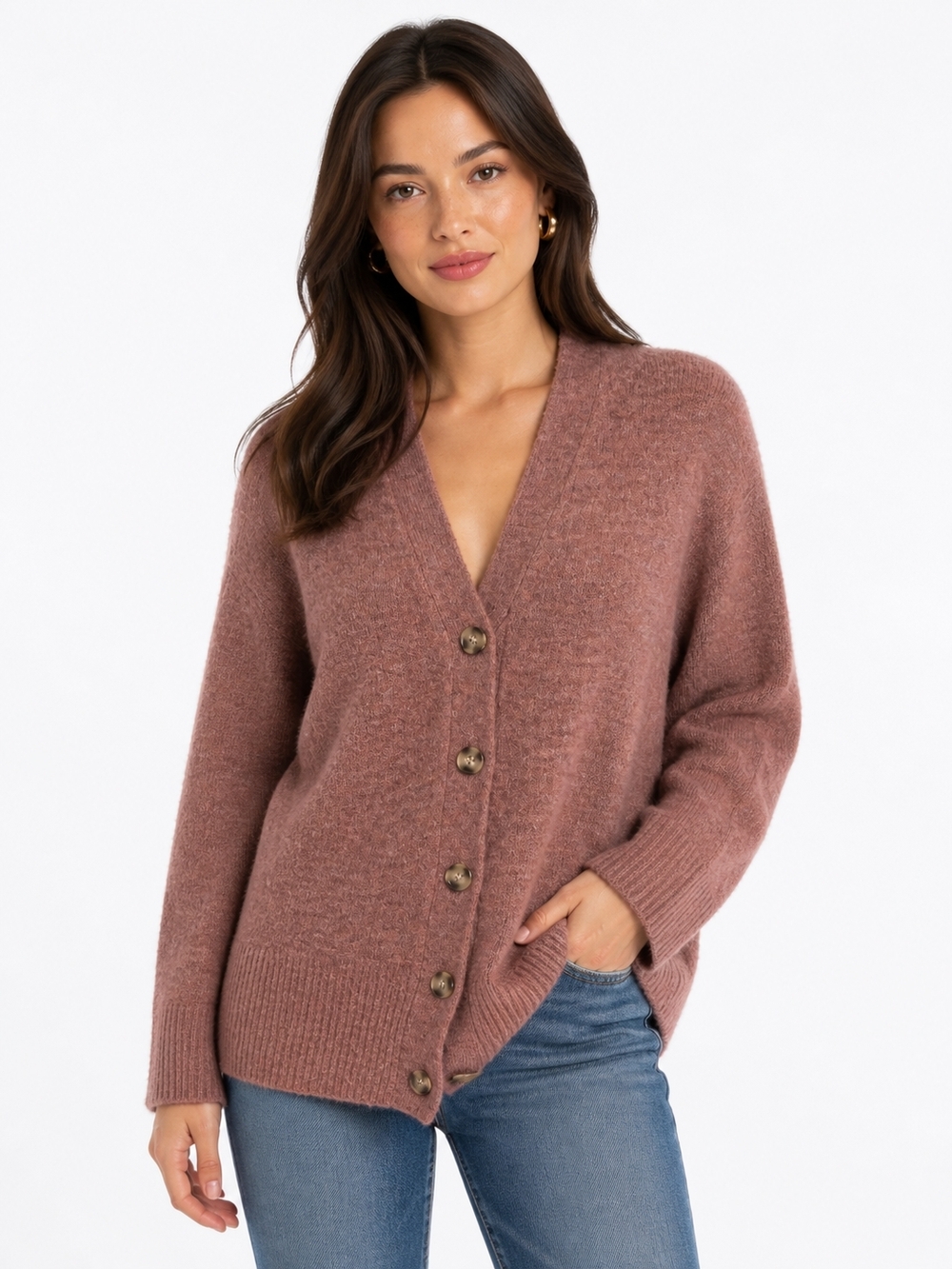 Marled Cozy V-Neck Button Cardigan Sweater - Dusty Rose